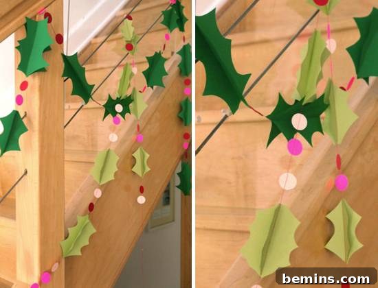 Visually Stunning DIY Holiday Party Decorations: 20 Creative Ideas 8 Paper Holly Staircase Decoration
