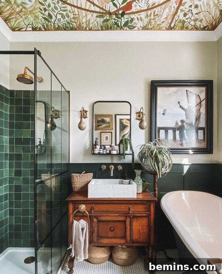 Green wainscoting and green shower tile 