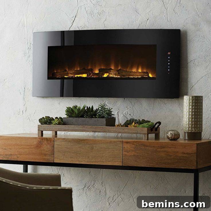 Black electric fireplace on wall over desk