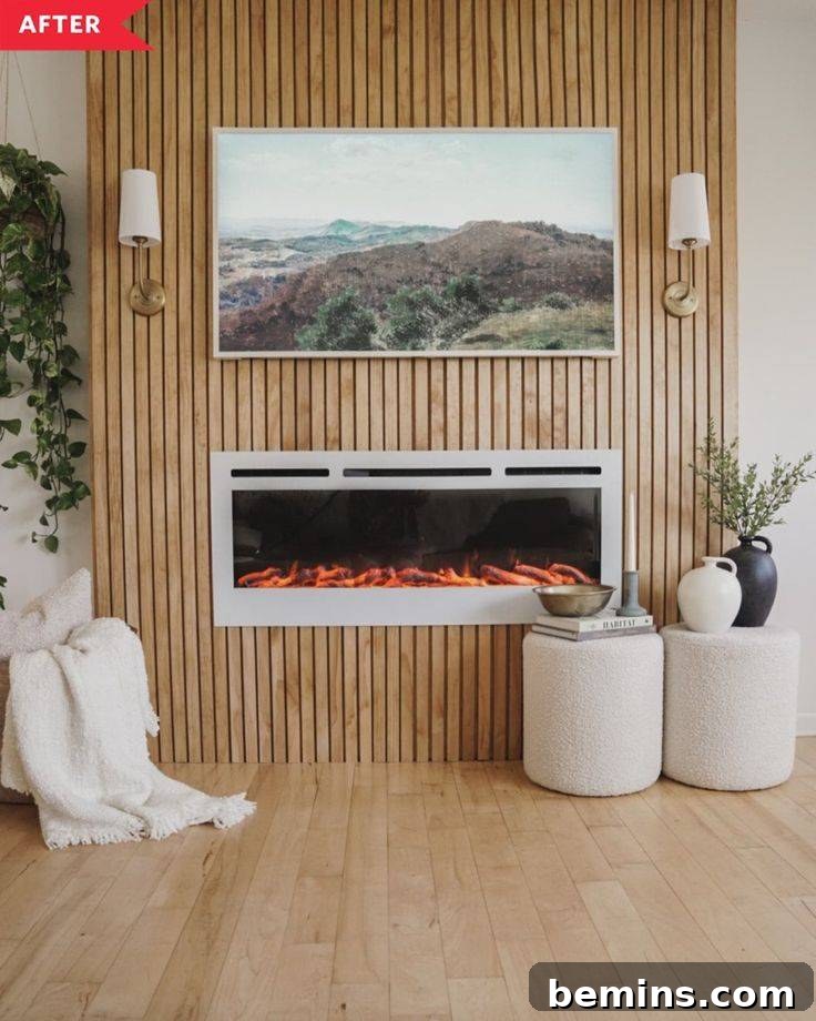 Wood wall with cut pieces and electric fireplace with a painting above