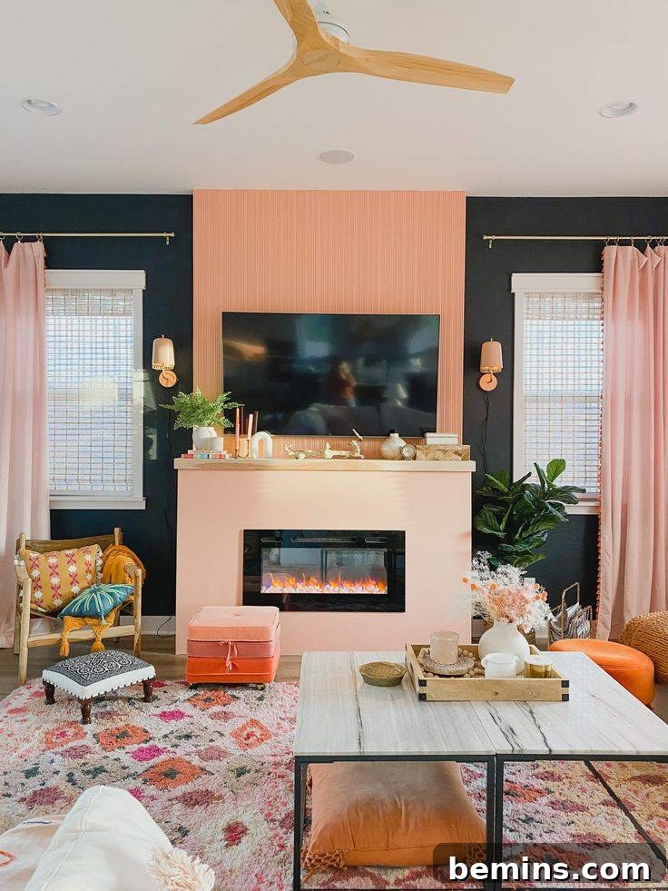 Pink mantel in living room with electric fireplace