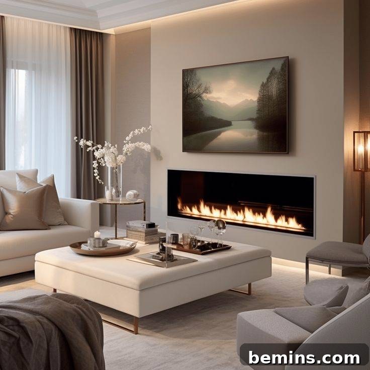 Living room with electric fireplace on wall under tv