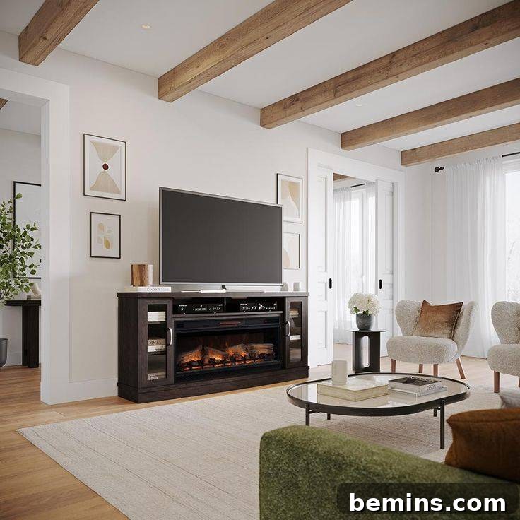 Electric fireplace inside of media console in living room with tv on top