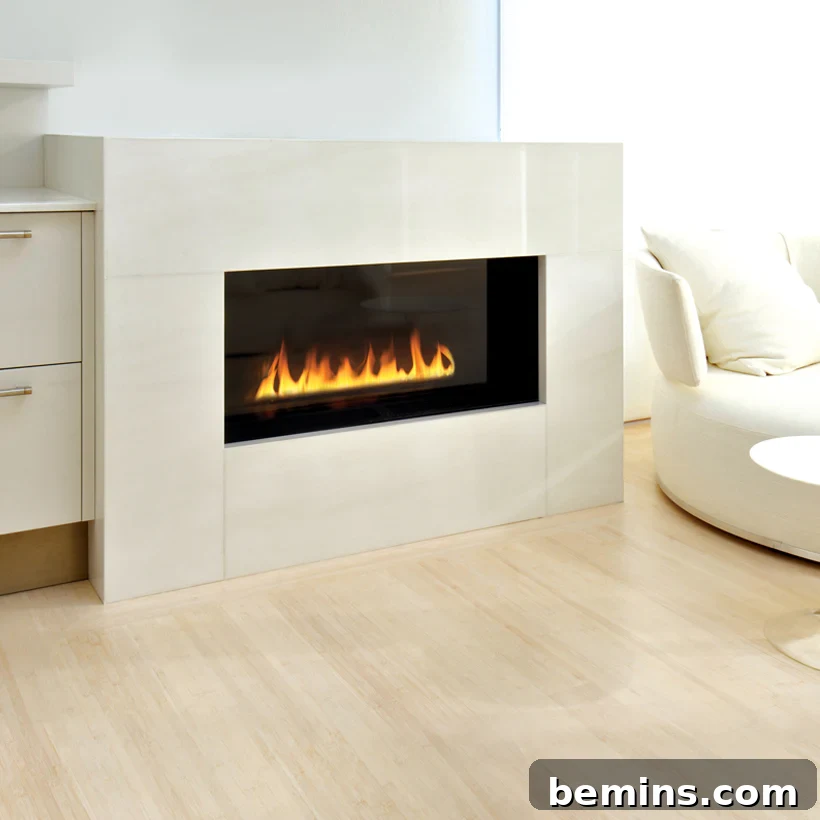 White electric fireplace in living room