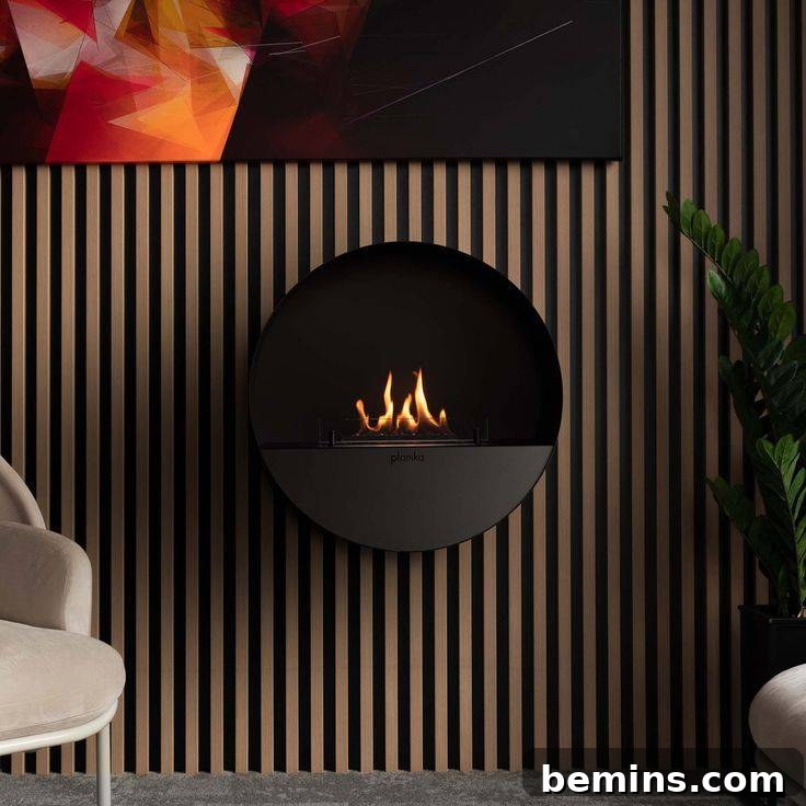 Small black fireplace on brown wall in a living room setting