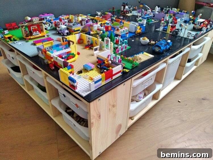IKEA TROFAST organizers on caster wheels to make this giant Lego table.