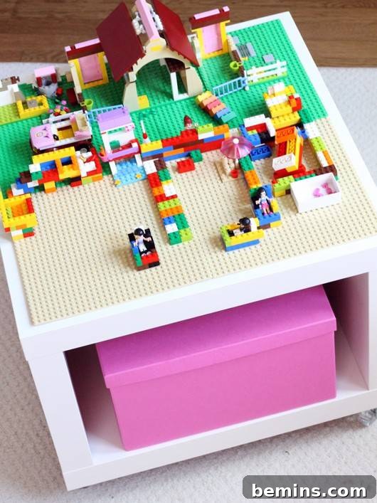 Lego table made with a LACK side table and casters.