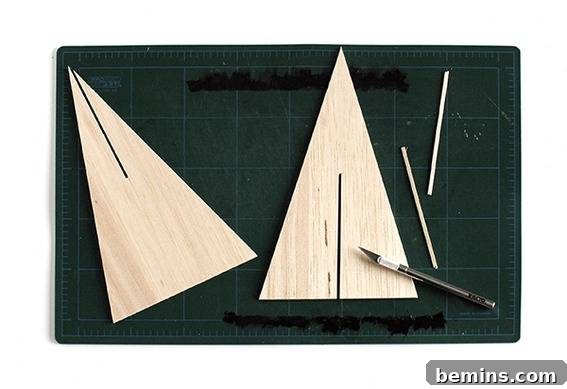 Take one triangle. Cut out and remove a section from the center point to the bottom of the triangle
