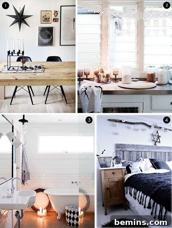 Scandinavian Christmas decorations featuring black, white, and wood elements