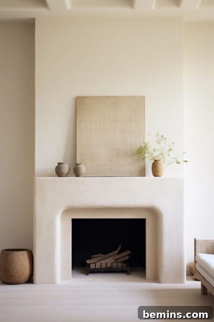Cream colored stucco fireplace with beige painting in a minimalist living room