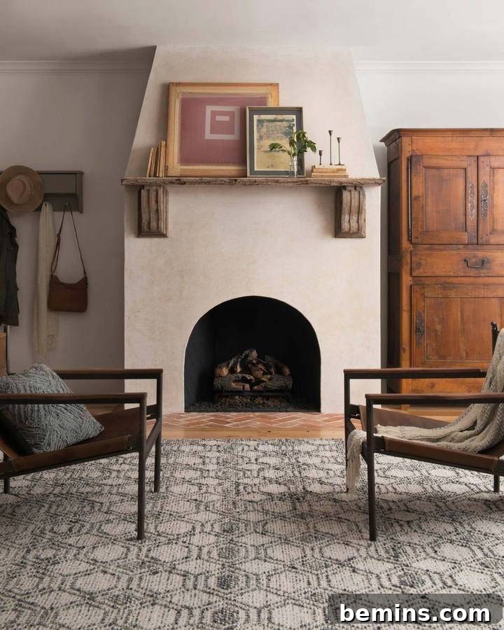 Living room with cream rustic fireplace, patterned tile rug, and brown armoire, showcasing rustic elegance
