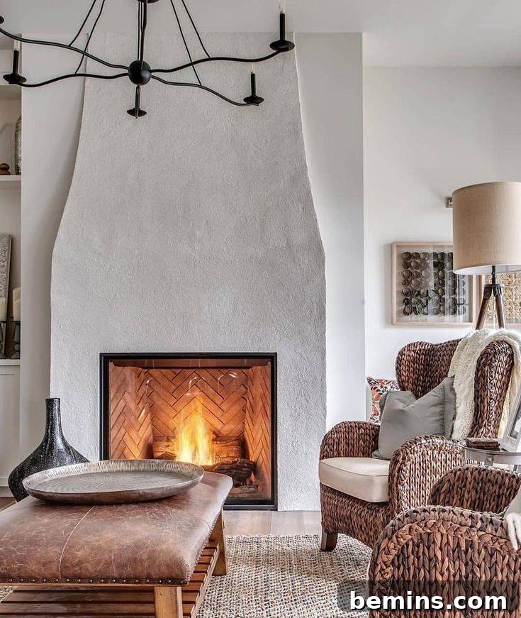 White stucco fireplace with rattan brown chairs, exemplifying an eclectic mix of styles
