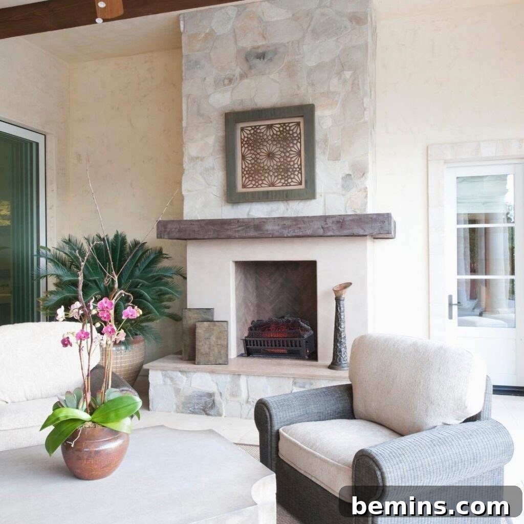 White stucco fireplace with grey marble and tile inside, paired with a cream lounge chair, showcasing texture play