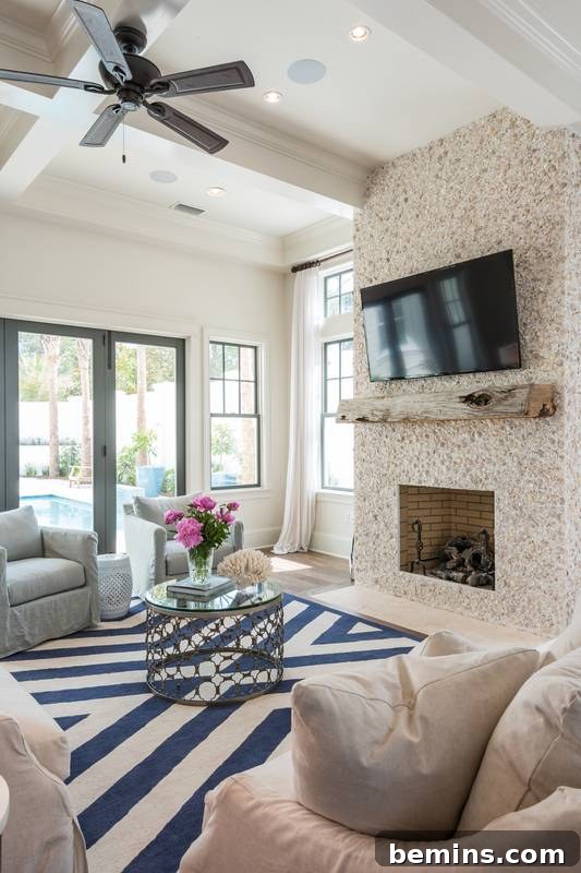 Living room with stucco fireplace decorated with seashells and coastal elements