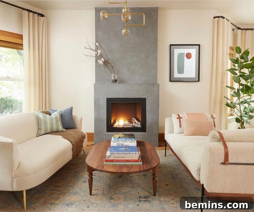 Living room with grey stucco wall fireplace and gold metal light fixture for an industrial chic look