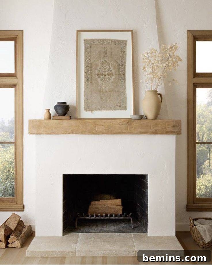 White stucco fireplace with brown mantel and a rustic photo, embodying a cozy cottage aesthetic