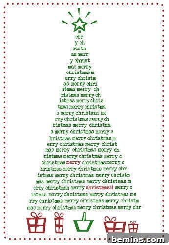 A vibrant green Christmas tree card made of words, with festive red presents underneath and a star on top.