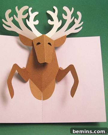 A stunning pop-up reindeer card in shades of brown and white against a festive green background.