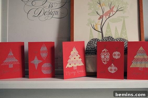 A vibrant collection of handmade Christmas cards created using colorful washi tape and gift wrapping scraps.