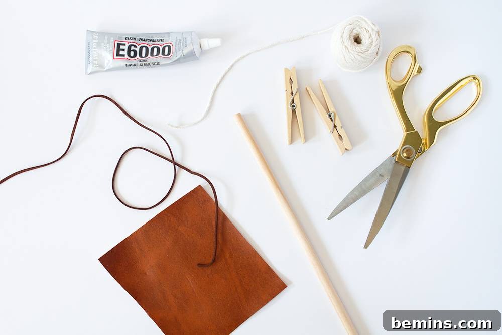 A collection of the materials needed to create the DIY cat wand toy, including a wooden dowel, leather lace, faux leather fabric, cotton twine, scissors, and glue.