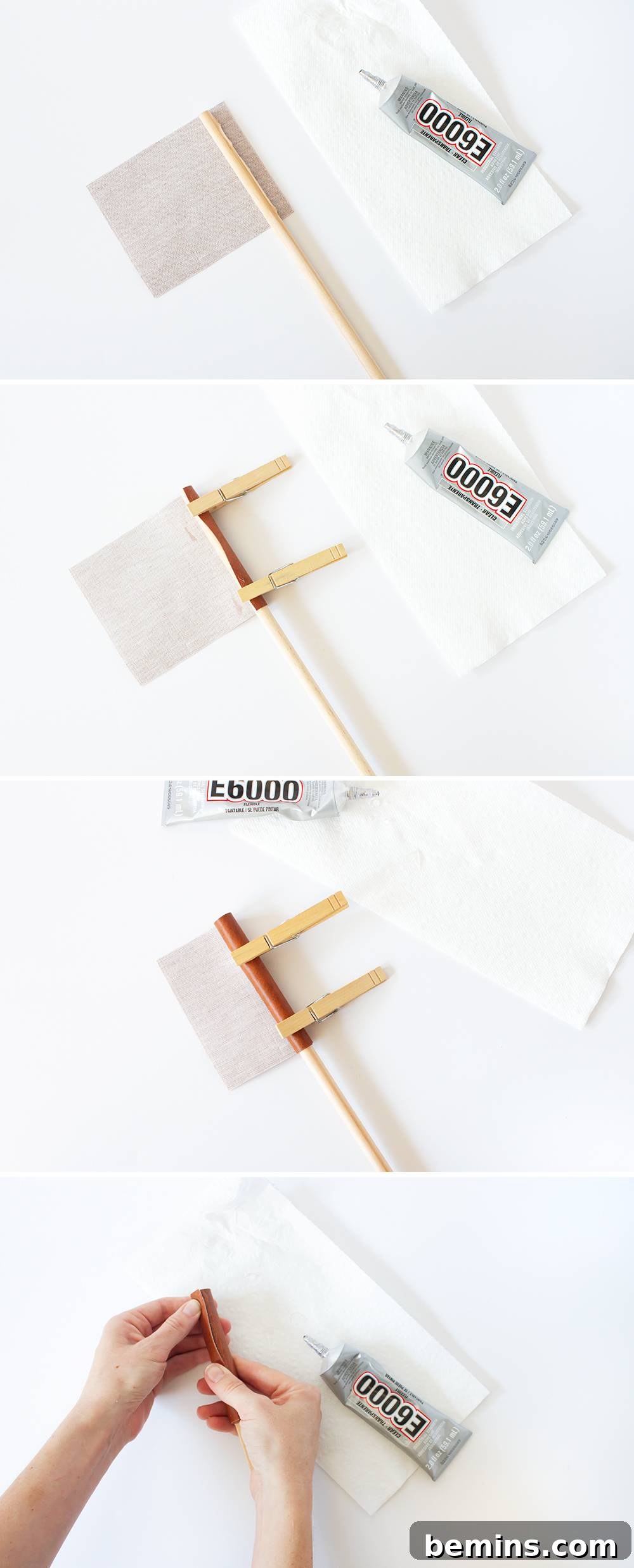 The process of wrapping the wooden dowel with faux leather, showing the glue being applied and the fabric being carefully wrapped around the dowel.