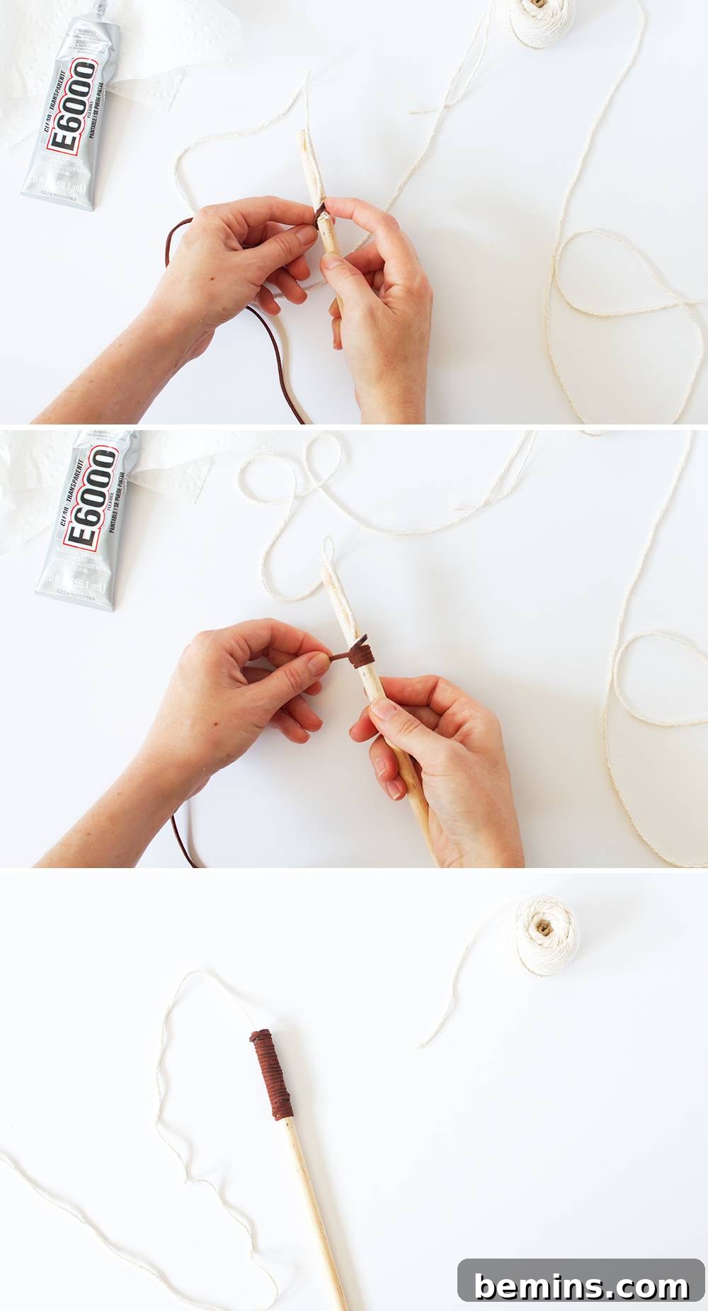 Wrapping the string with faux leather lace, demonstrating the technique for a secure and stylish finish.
