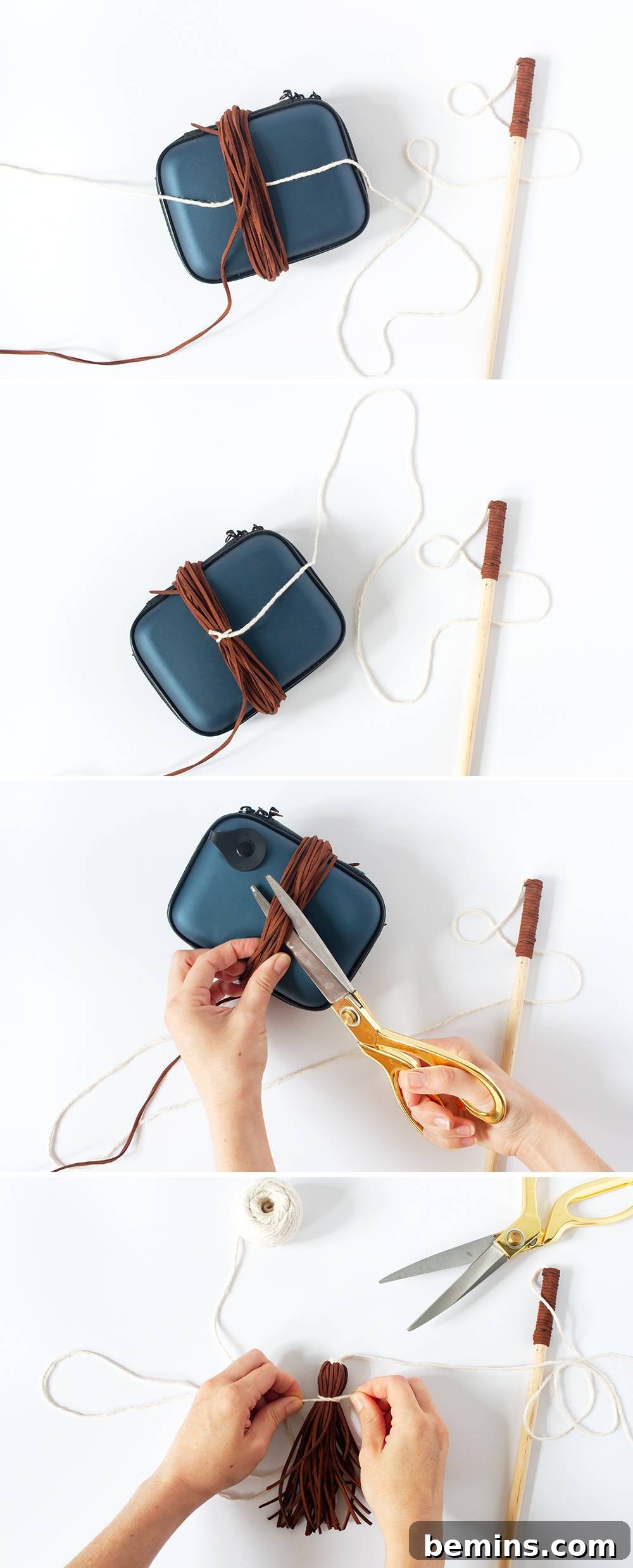 The process of creating the tassel, showing the leather lace being wrapped around a mold and tied with cotton string.