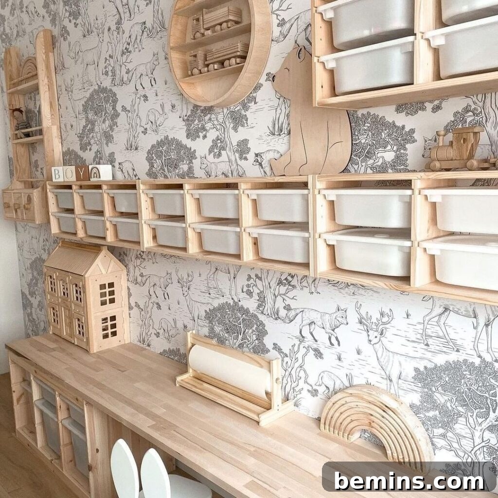 Kids room with floating plywood Trofast shelves and grey wallpaper 