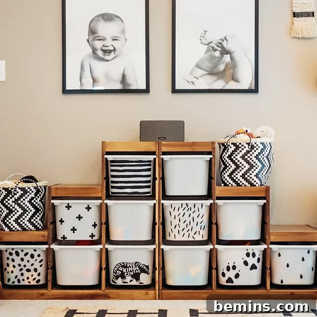 Stained Ikea Trofast units with white and black bins