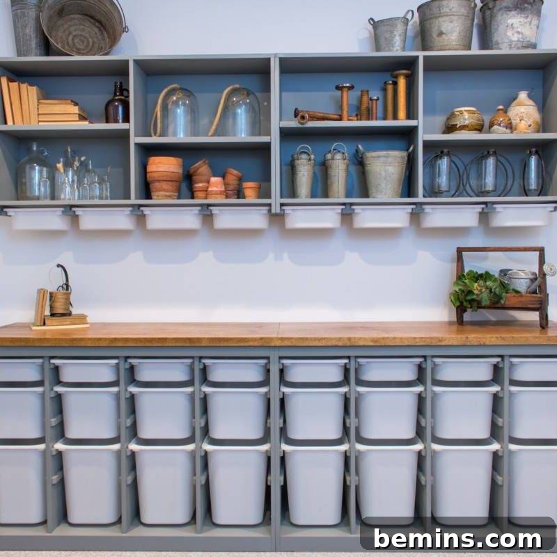Custom Ikea Trofast unit painted grey with wooden top, with dining decor above