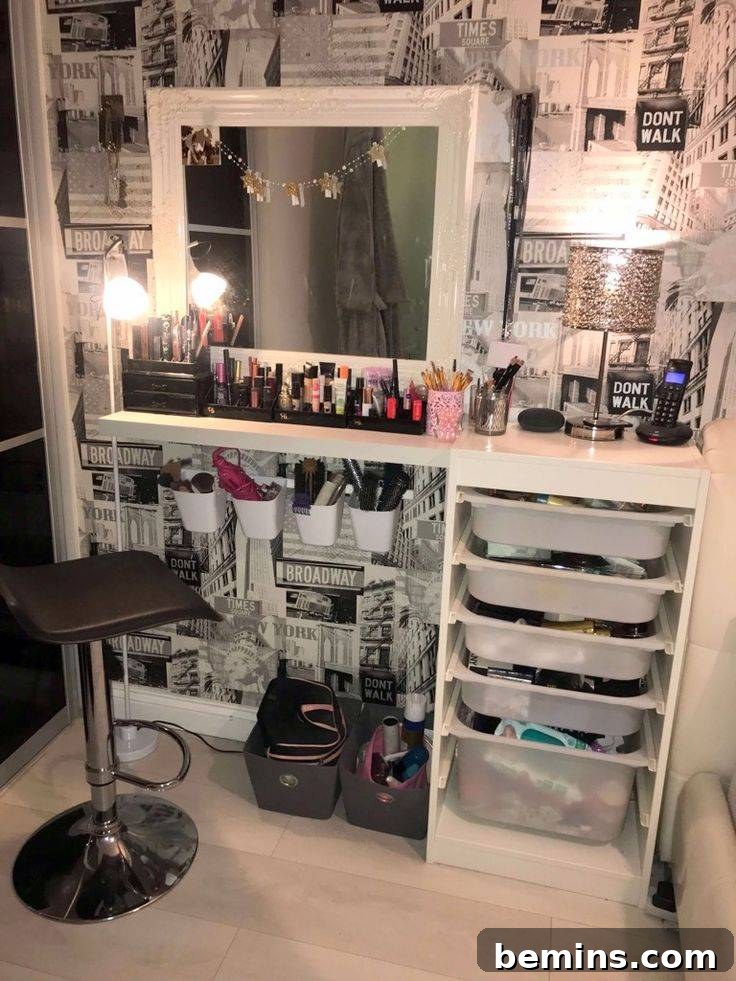 Makeup vanity with a white Ikea Trofast attached. Large mirror on top.