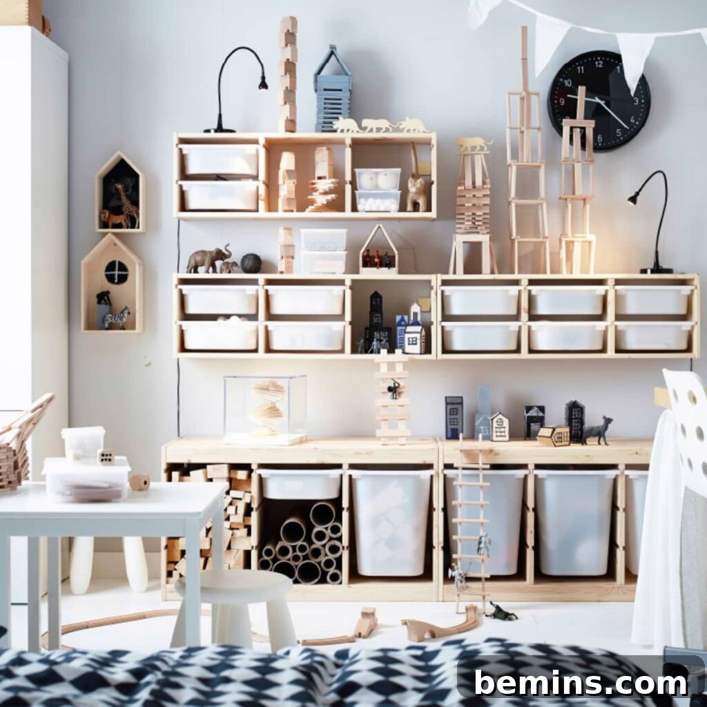 Kids room with multiple beige and white storage units against wall