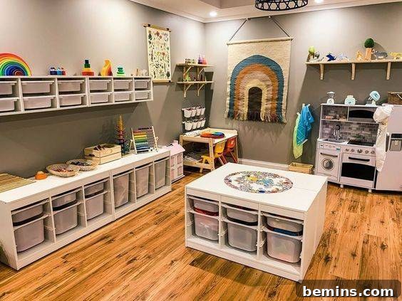 Play room featuring white storage units and a wooden floor