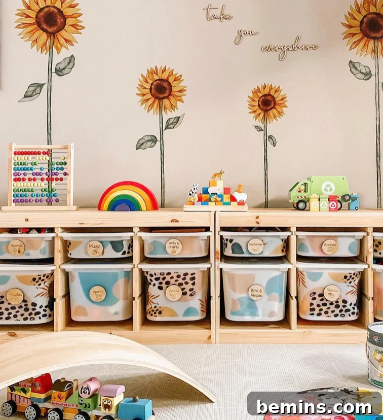 Ikea Trofast storage bins decorated with sunflowers and pink and blue decals