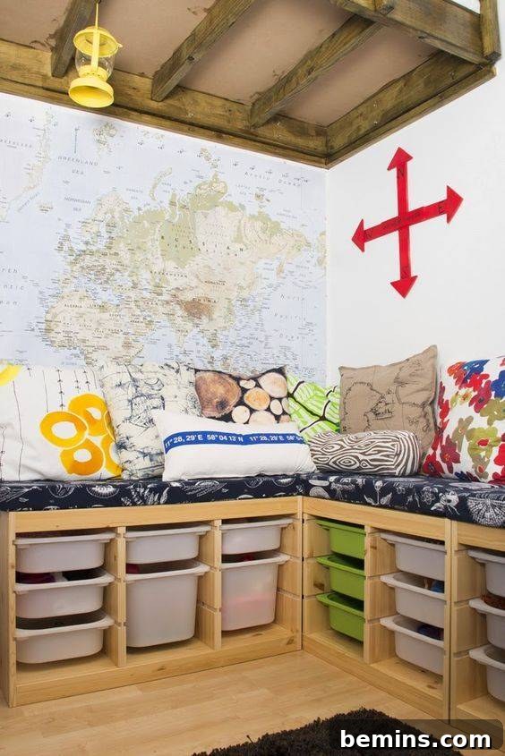 Kids bed above two Ikea Trofast units with a large map as the wall backdrop and red arrows on wall