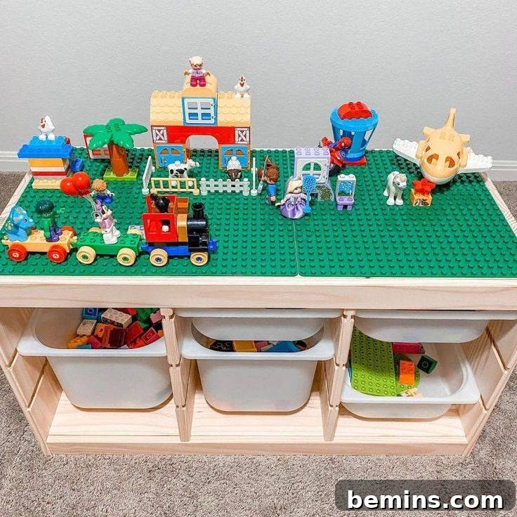 Ikea Trofast unit with green Lego table top and Lego toys on top of it