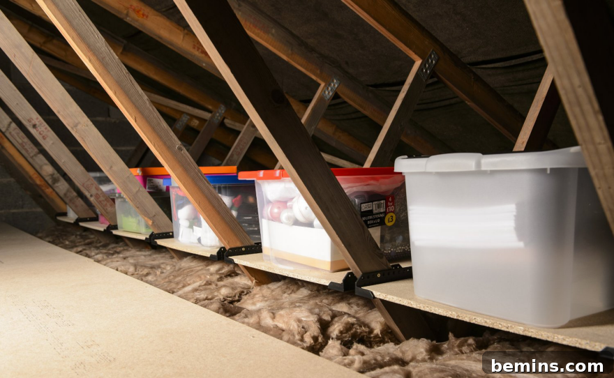 Truss shelves in attic with storage bins