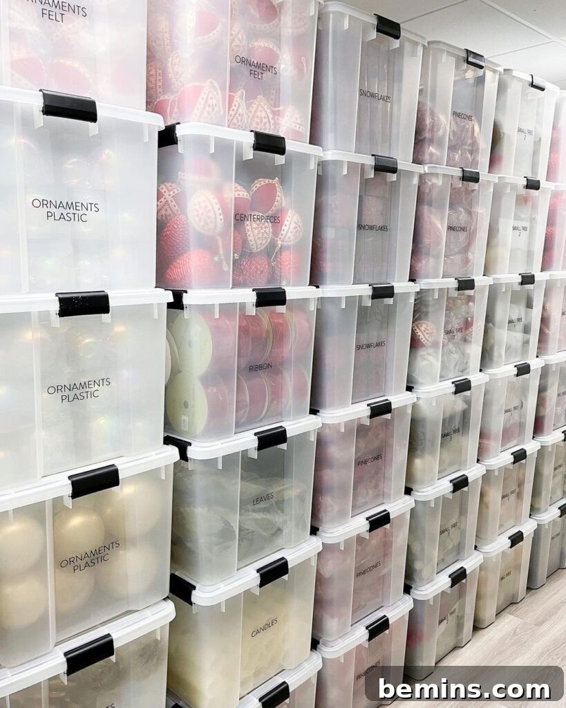 Clear storage bins with Christmas ornaments