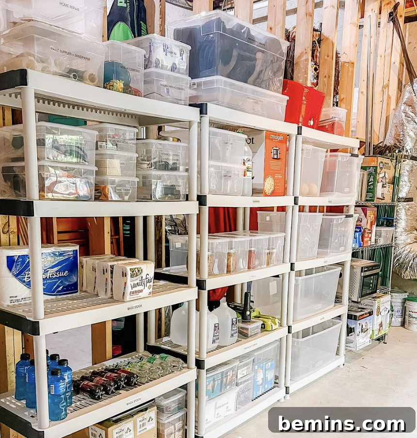 Attic with white shelves and storage bins