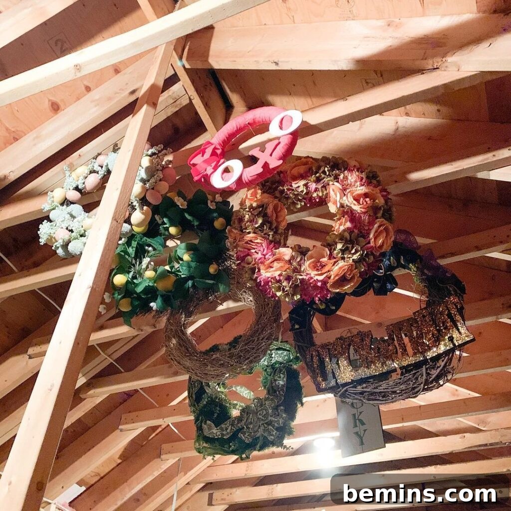Holiday wreaths hanging in the attic