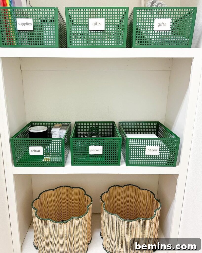 Labeled storage bins on a shelf