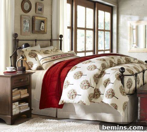 A painted iron bed adding a pop of color to a modern bedroom.