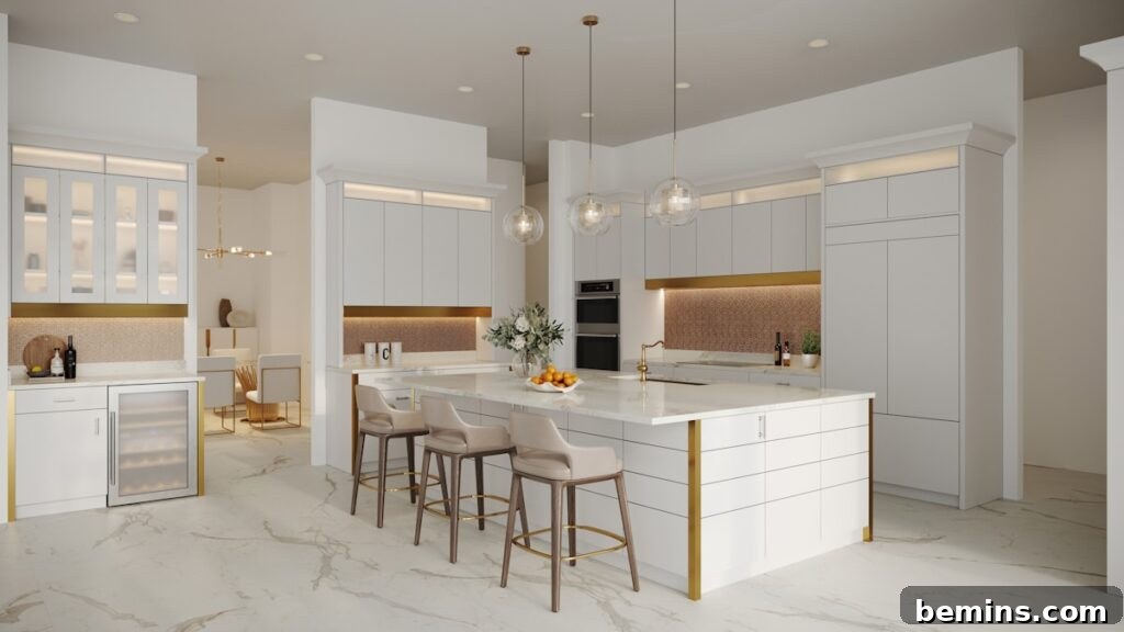 Elegant kitchen with marble countertop and pristine white cabinets.