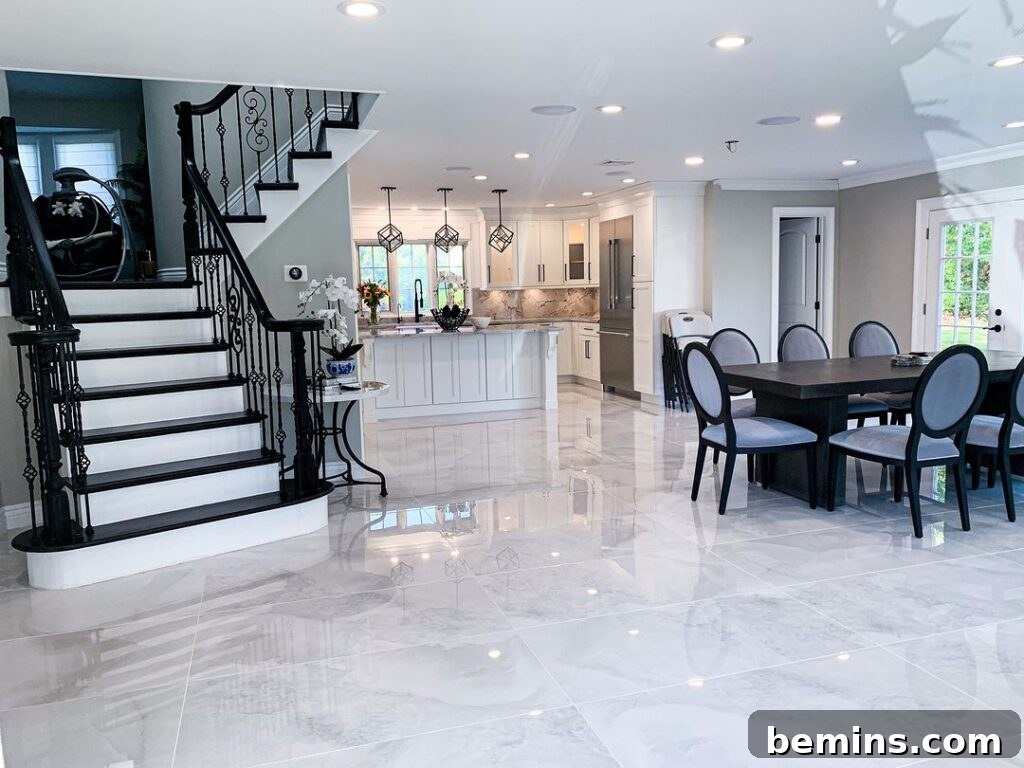 Bright and airy kitchen featuring white porcelain tile flooring.