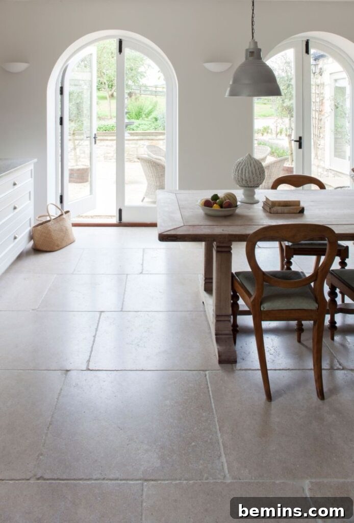 Inviting kitchen with limestone flooring and a brown kitchen table.