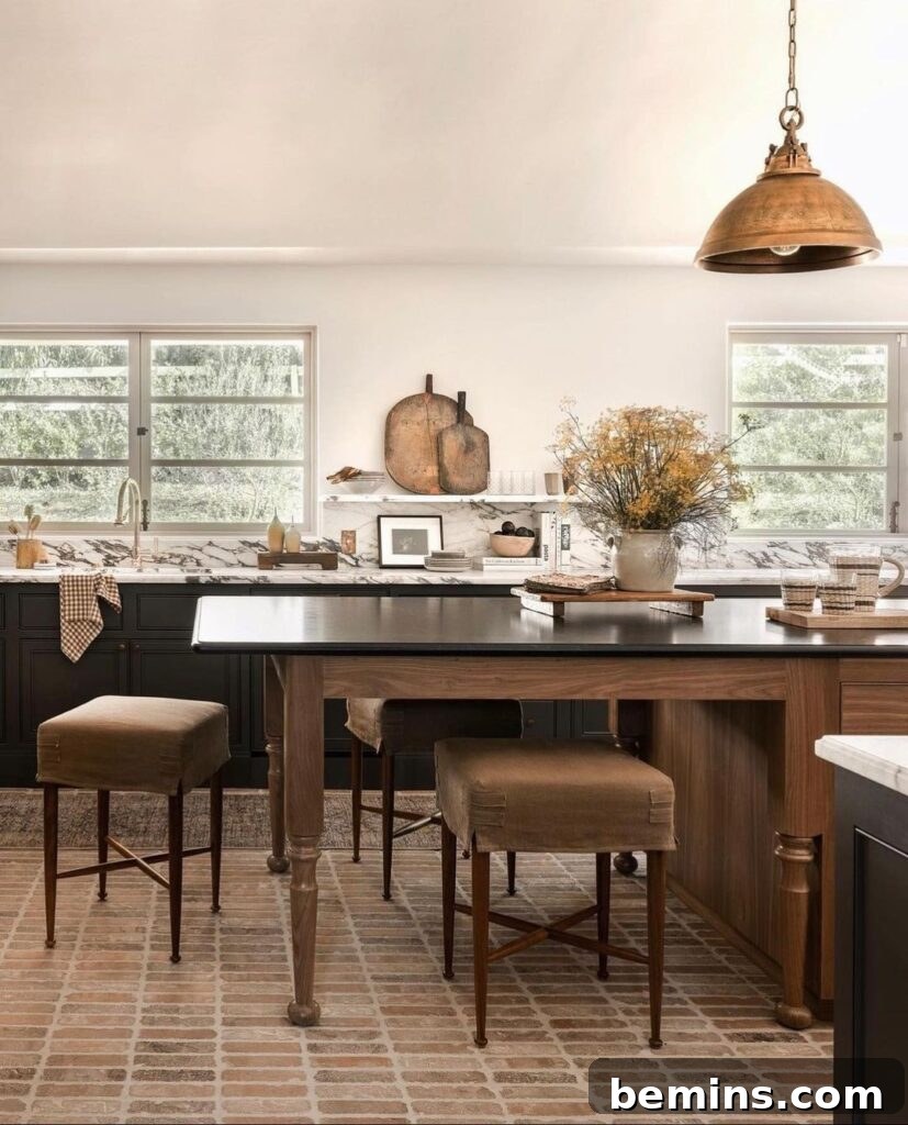 Rustic brown kitchen featuring a brick tile floor and wooden accents.
