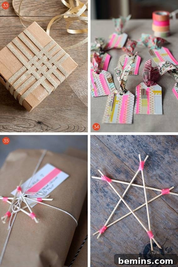35 Handmade Holiday Gift Tag and Topper Inspirations 12 Sparkling and vibrant DIY gift tags and toppers, including glitter ribbon and fabric scraps