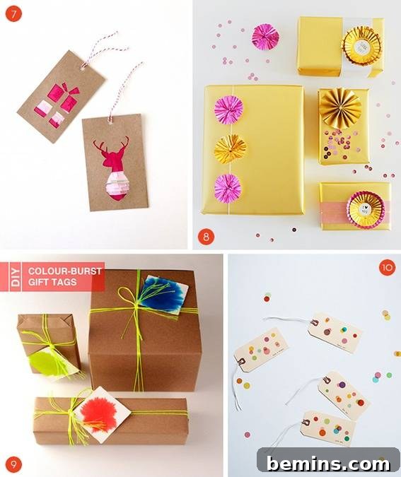 35 Handmade Holiday Gift Tag and Topper Inspirations 4 Close-up of DIY gift tags with unique textures and patterns for holiday gifts