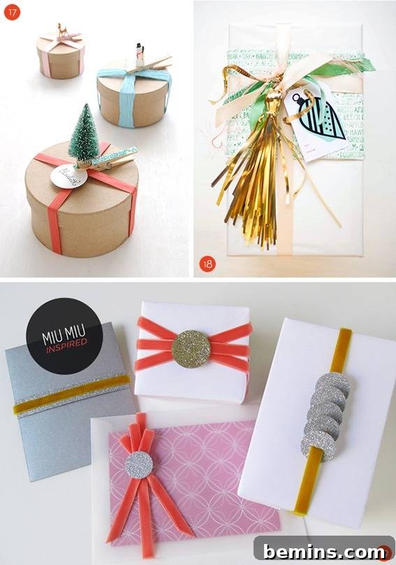 35 Handmade Holiday Gift Tag and Topper Inspirations 7 Beautifully decorated holiday gifts with unique DIY tags and toppers, showcasing festive creativity