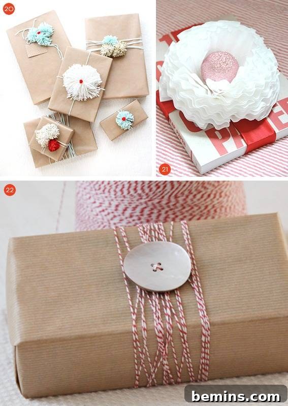 35 Handmade Holiday Gift Tag and Topper Inspirations 8 A collection of handmade gift tags and toppers with various materials like pom poms and natural elements